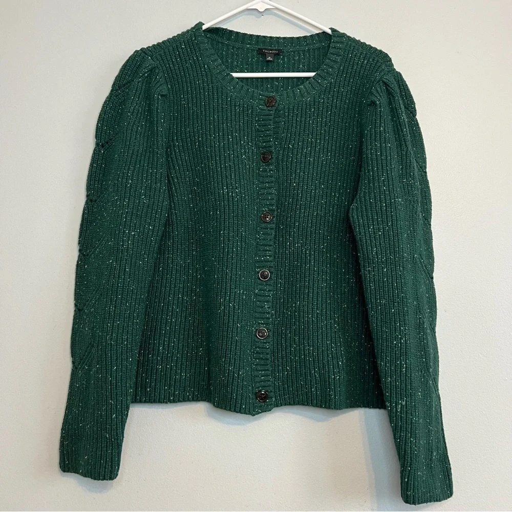 Talbots Button Up Cardigan Green Ruffle Sleeve Cable Knit Sz XL Country grandma
